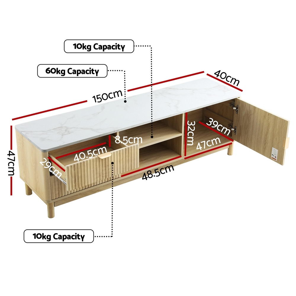TV Unit 150cm | Entertainment Cabinet with Drawer & Shelf | Pine Wood