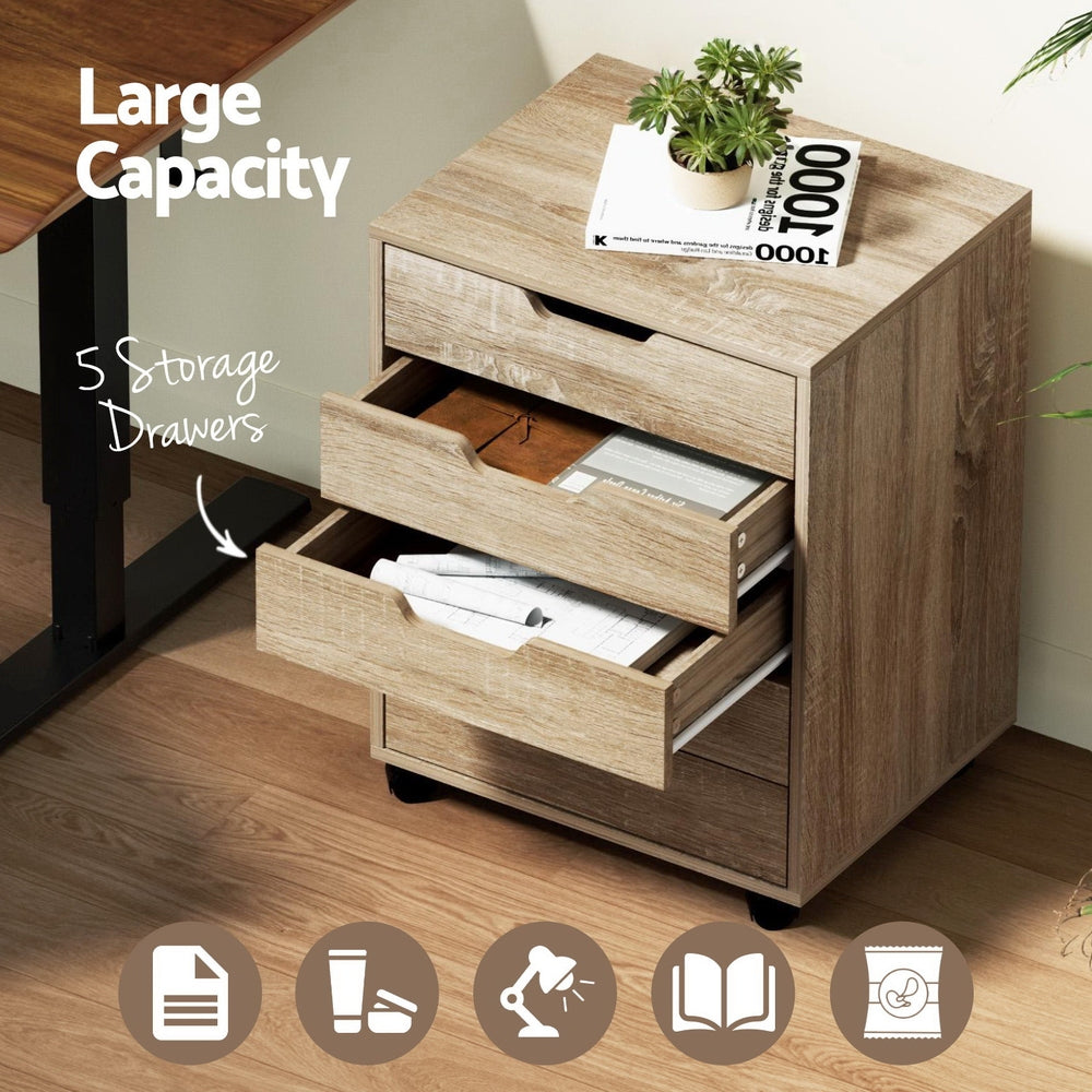 Artiss Filing Cabinet | 5 Drawer Mobile Chest | Rolling Storage | Beige