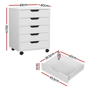 Artiss 5-Drawer Filing Cabinet | Mobile Rolling Storage Cabinet | Chest of Drawers | Stand | White