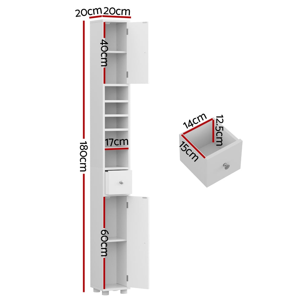 Bathroom Storage Cabinet | 180cm Tall Slim Floor Cupboard | Toilet Narrow Linen Tower