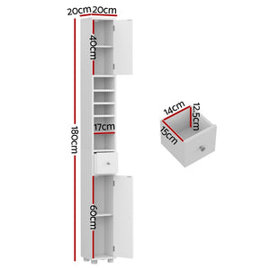 Bathroom Storage Cabinet | 180cm Tall Slim Floor Cupboard | Toilet Narrow Linen Tower