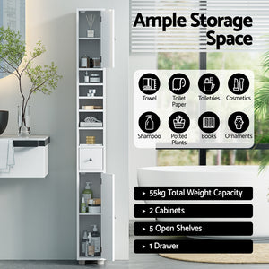 Bathroom Storage Cabinet | 180cm Tall Slim Floor Cupboard | Toilet Narrow Linen Tower