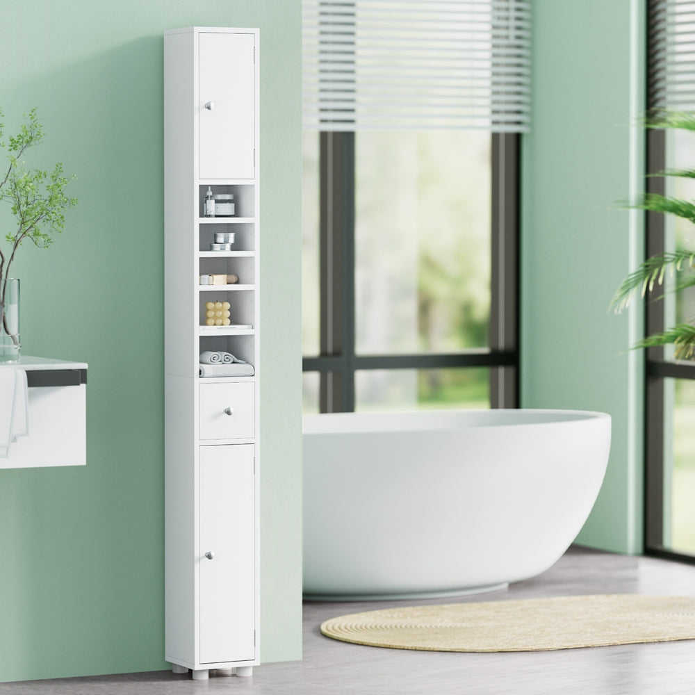 Bathroom Storage Cabinet | 180cm Tall Slim Floor Cupboard | Toilet Narrow Linen Tower