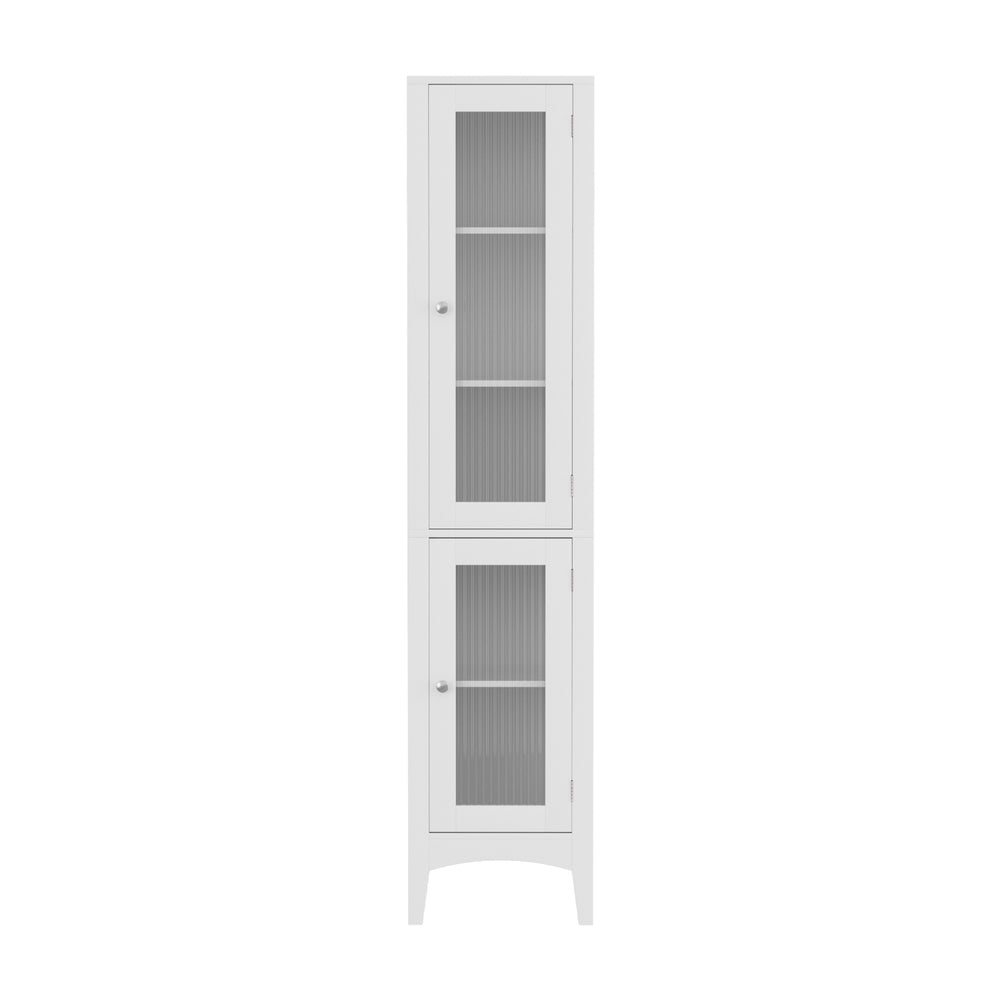 Bathroom Storage Cabinet | 160CM Tall Slim Floor Cupboard | Glass Door | White