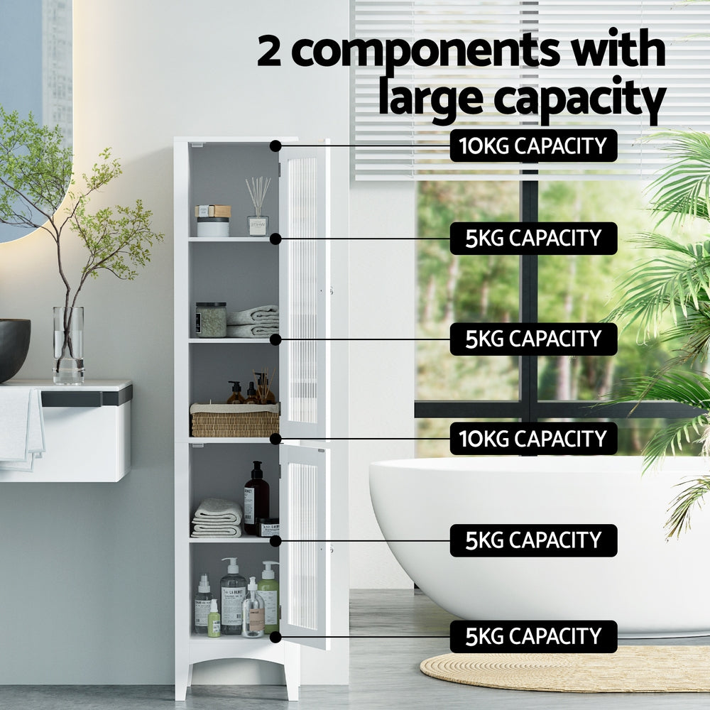 Bathroom Storage Cabinet | 160CM Tall Slim Floor Cupboard | Glass Door | White