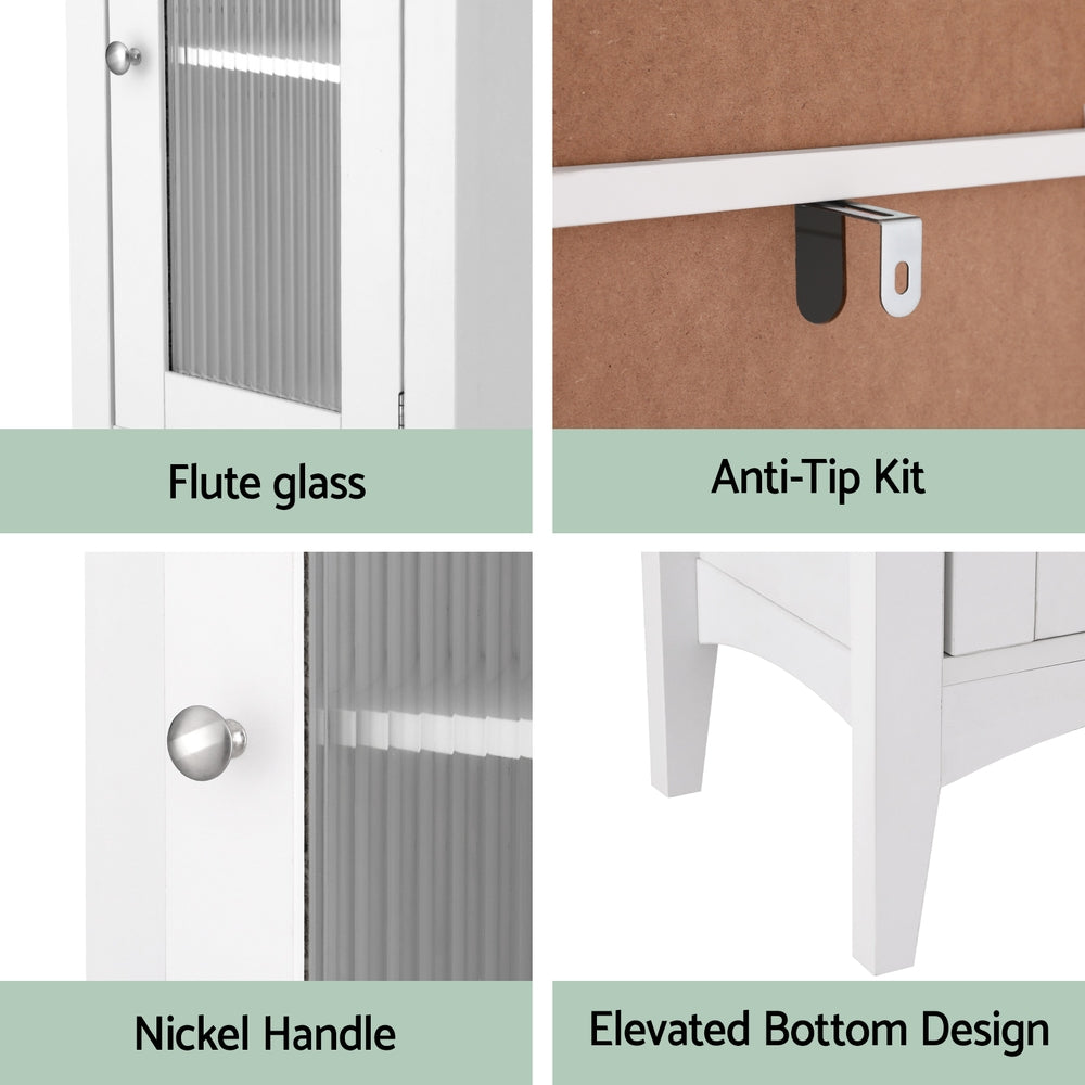 Bathroom Storage Cabinet | 160CM Tall Slim Floor Cupboard | Glass Door | White
