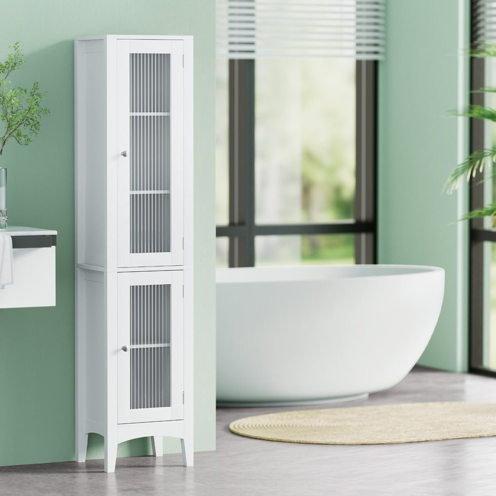 Bathroom Storage Cabinet | 160CM Tall Slim Floor Cupboard | Glass Door | White