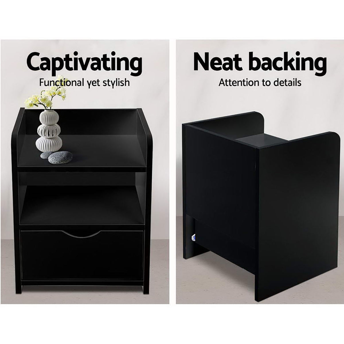 Artiss Bedside Tables | 2X | FARA | 1 Drawer with Shelf | Black