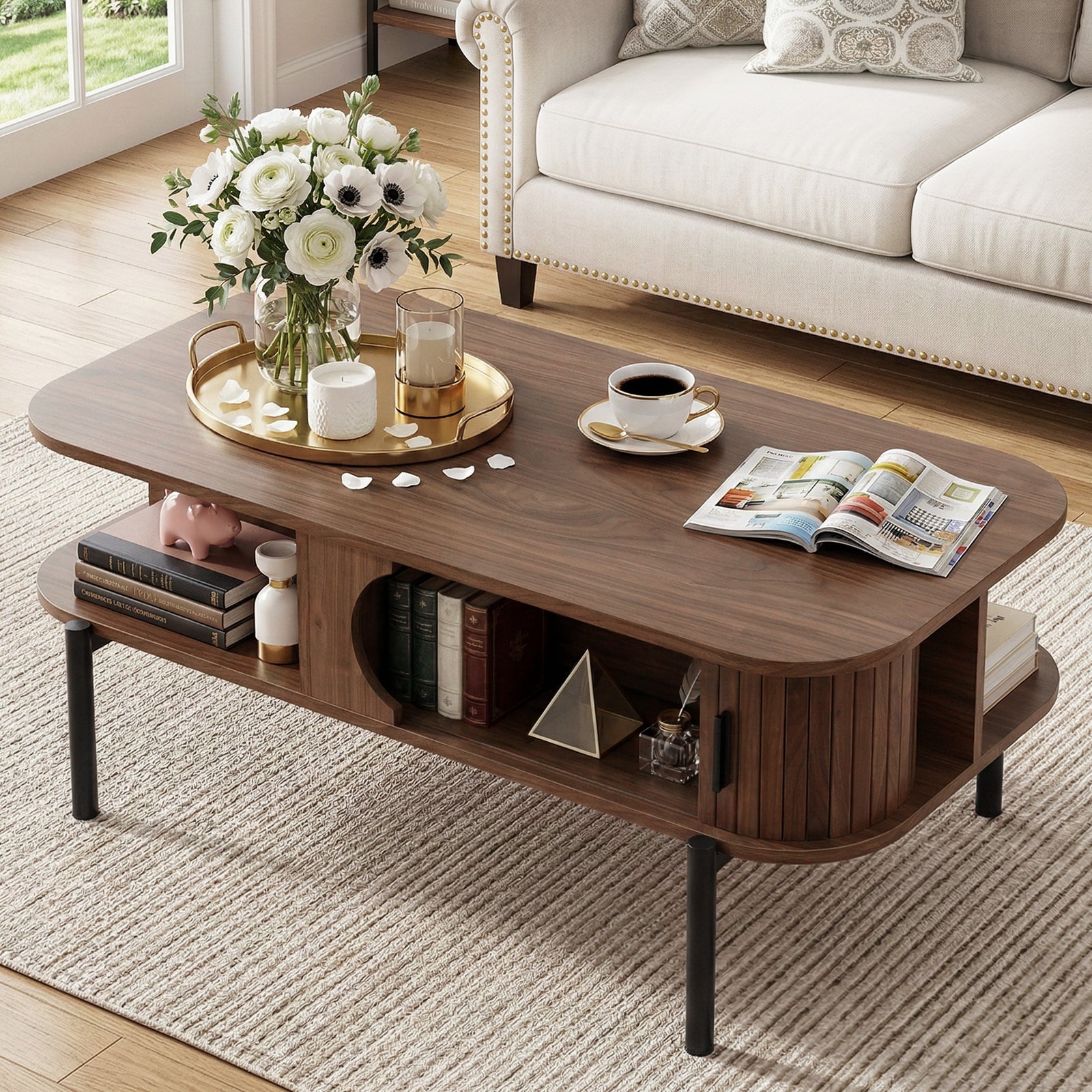 Coffee Table | Living Room Centre Table with Shelf Cabinet | Walnut
