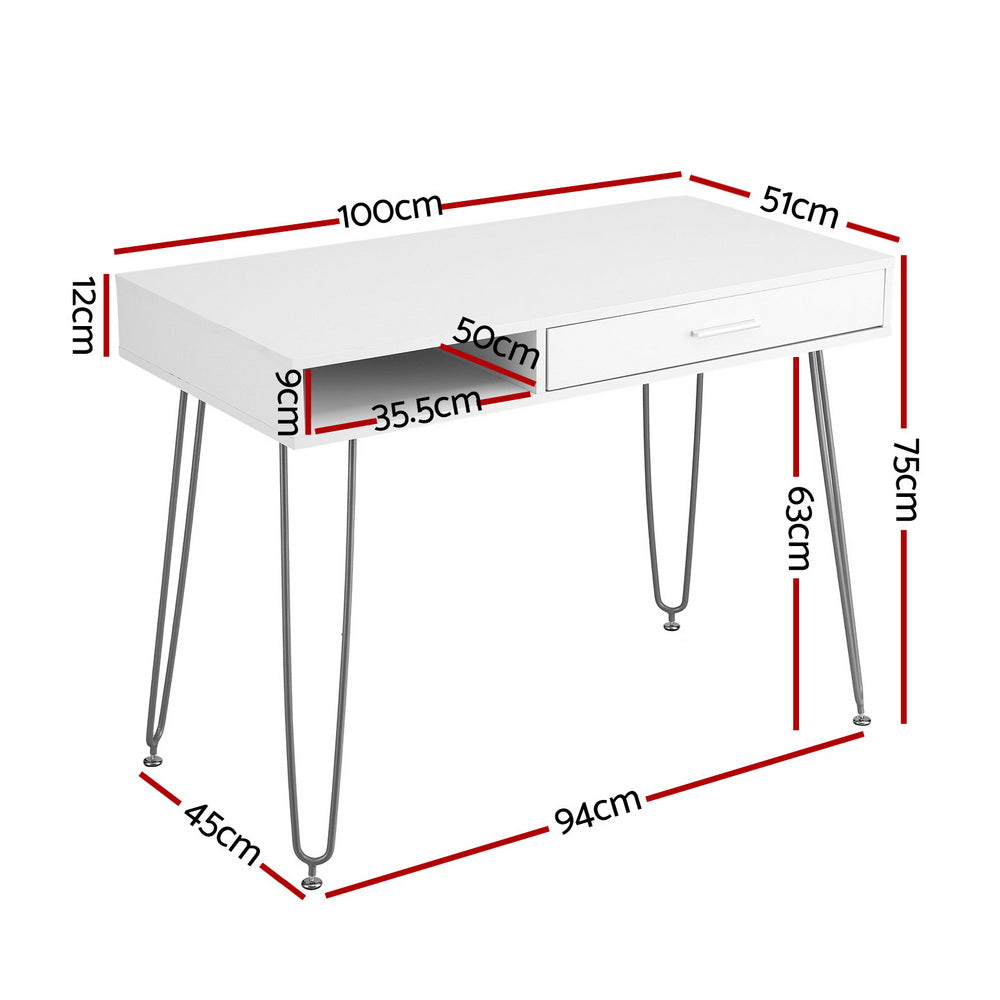 Computer Desk | 100cm | Drawer Cabinet Workstation | White