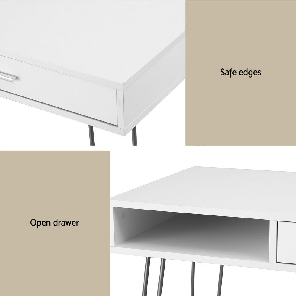 Computer Desk | 100cm | Drawer Cabinet Workstation | White