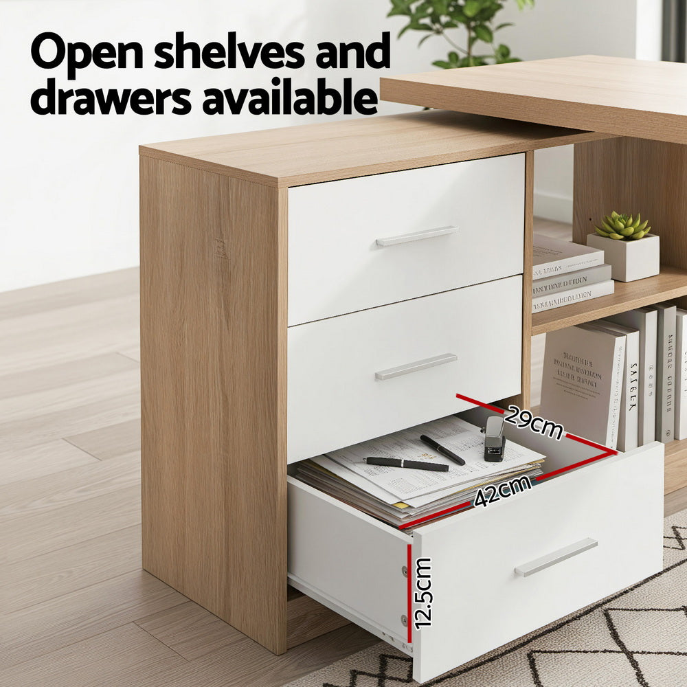 Swivel L-Shaped Desk | Storage Cabinet | Oak Look Corner Workstation