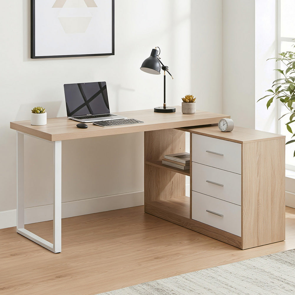 Swivel L-Shaped Desk | Storage Cabinet | Oak Look Corner Workstation