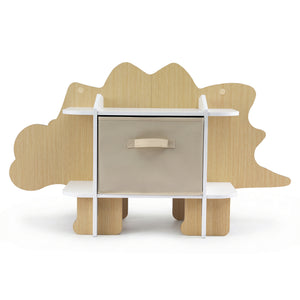 Kids Dinosaur Bookshelf | 2 Tier Wooden Bookcase | Toy Storage with Fabric Drawer