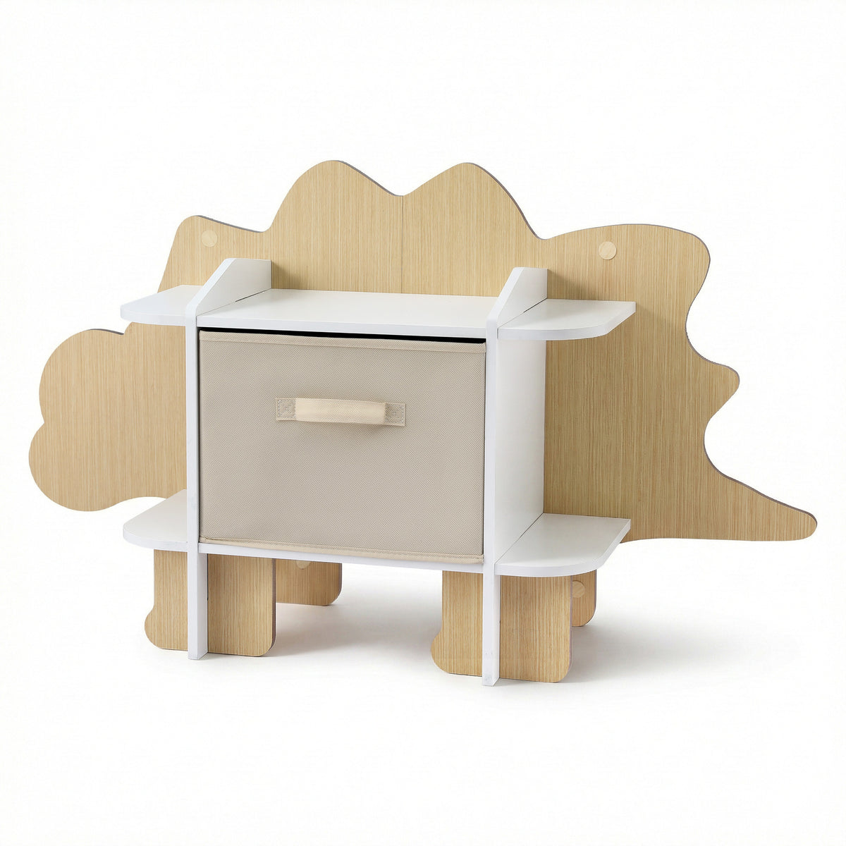 Kids Dinosaur Bookshelf | 2 Tier Wooden Bookcase | Toy Storage with Fabric Drawer