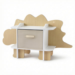 Kids Dinosaur Bookshelf | 2 Tier Wooden Bookcase | Toy Storage with Fabric Drawer