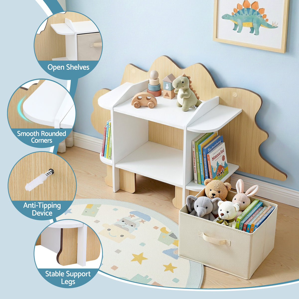 Kids Dinosaur Bookshelf | 2 Tier Wooden Bookcase | Toy Storage with Fabric Drawer