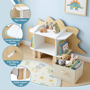Kids Dinosaur Bookshelf | 2 Tier Wooden Bookcase | Toy Storage with Fabric Drawer