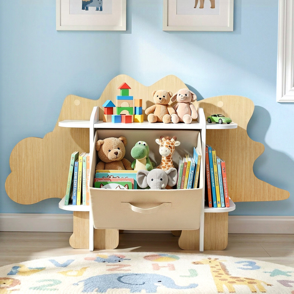 Kids Dinosaur Bookshelf | 2 Tier Wooden Bookcase | Toy Storage with Fabric Drawer