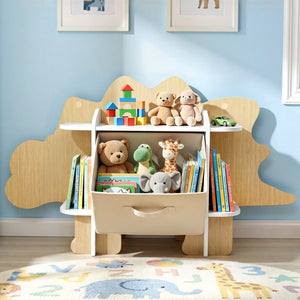 Kids Dinosaur Bookshelf | 2 Tier Wooden Bookcase | Toy Storage with Fabric Drawer