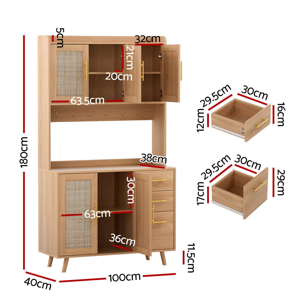 Buffet Sideboard Hutch | Rattan Detail + Hooks | Kitchen Cupboard | Pine