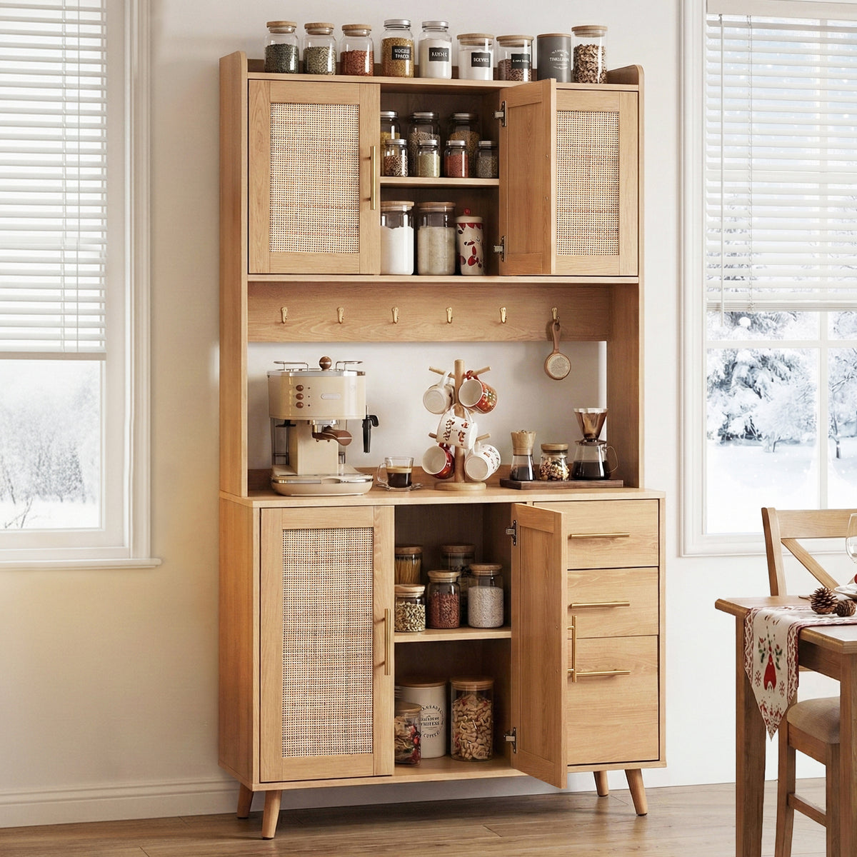 Buffet Sideboard Hutch | Rattan Detail + Hooks | Kitchen Cupboard | Pine