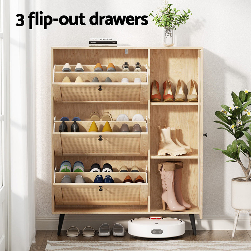 Shoe Rack Cabinet | 3 Flip-Out Drawers | Pine