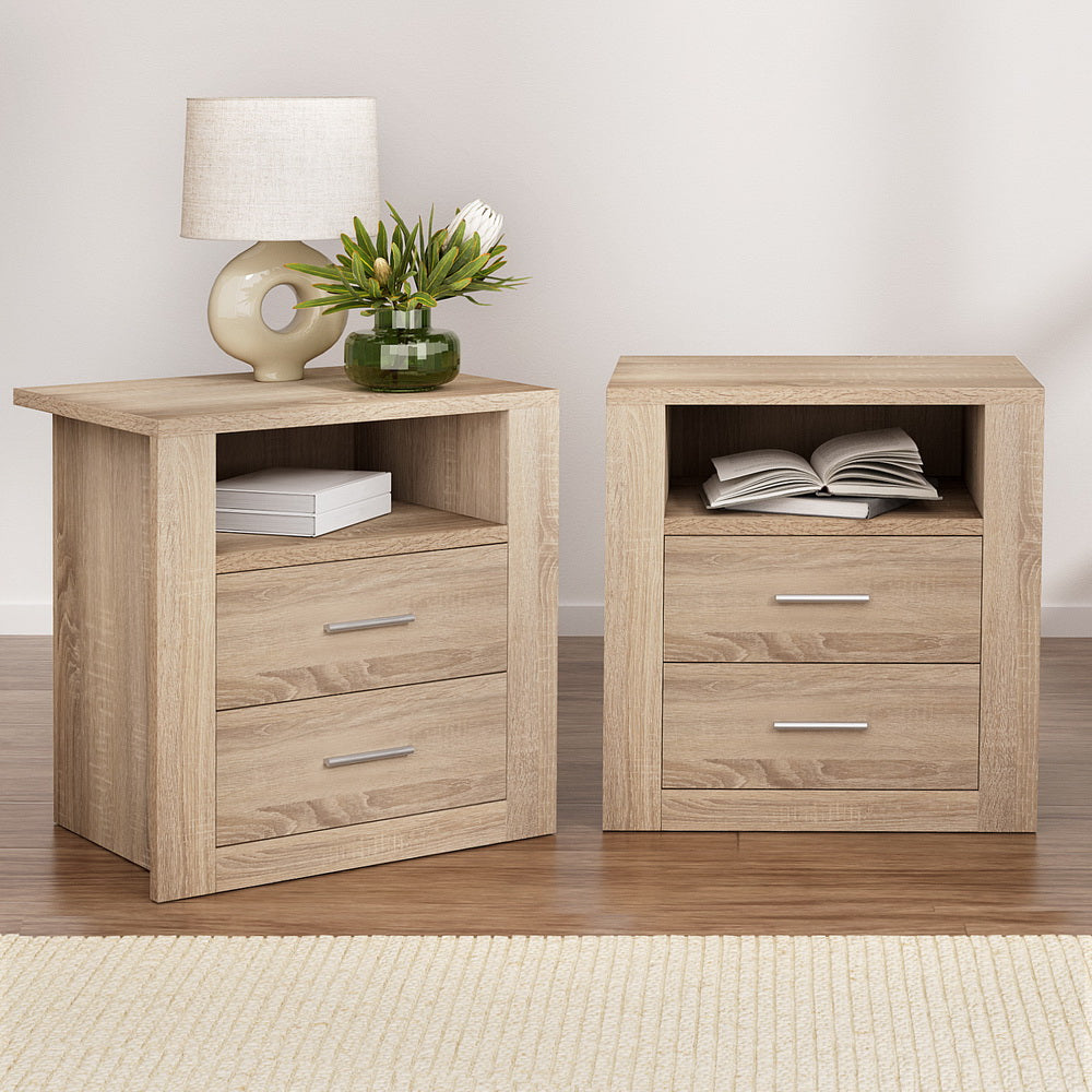 Artiss Bedside Tables | 2X | TARA | 2 Drawers with Shelf | Oak