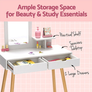 Dressing Table | Vanity Makeup Chair Set | Mirror Drawers | Wooden Legs