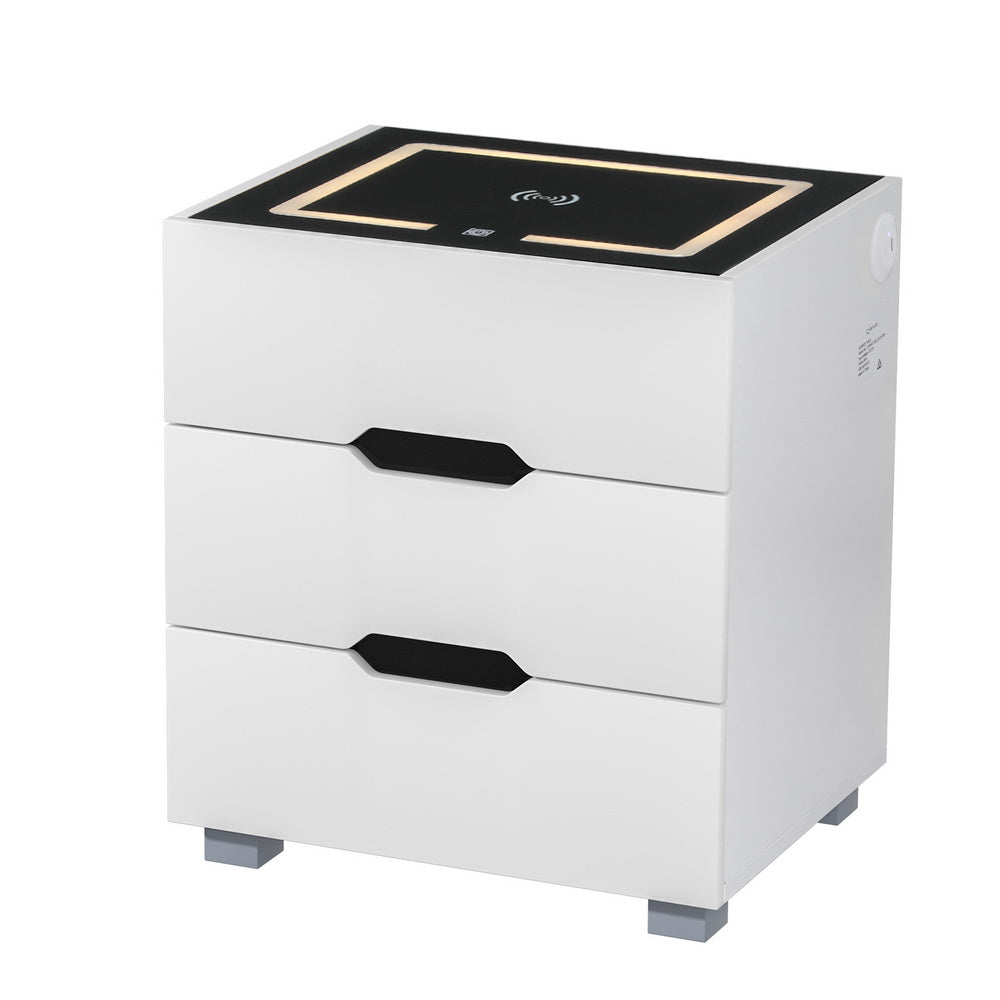 Smart Bedside Table | 3 Drawers | Wireless Charging Ports | LED Light | White | ADAD