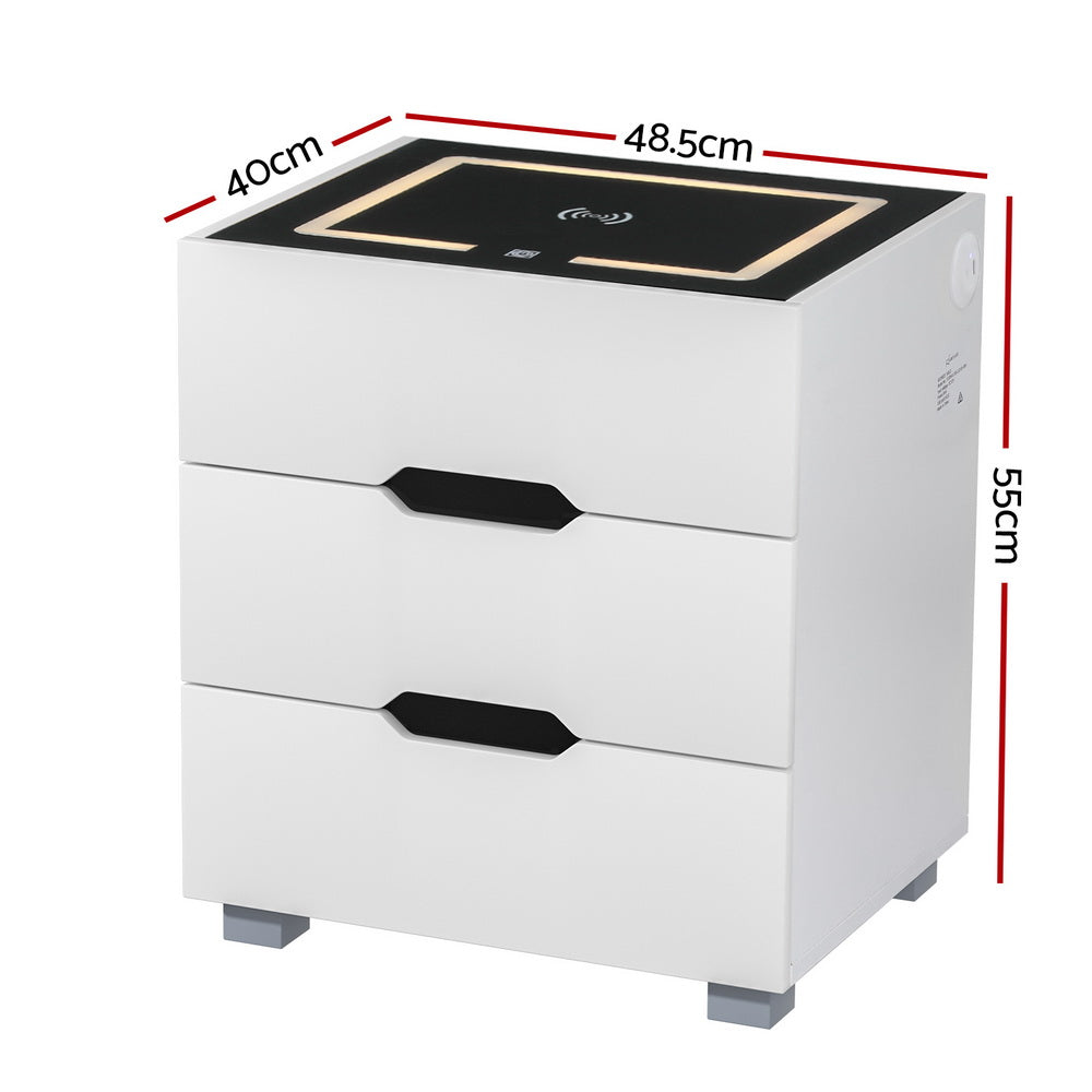 Smart Bedside Table | 3 Drawers | Wireless Charging Ports | LED Light | White | ADAD