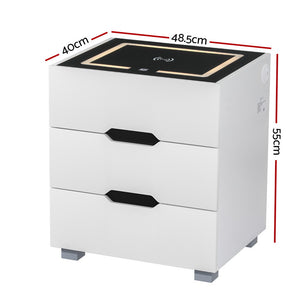 Smart Bedside Table | 3 Drawers | Wireless Charging Ports | LED Light | White | ADAD