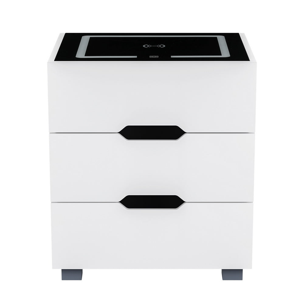 Smart Bedside Table | 3 Drawers | Wireless Charging Ports | LED Light | White | ADAD