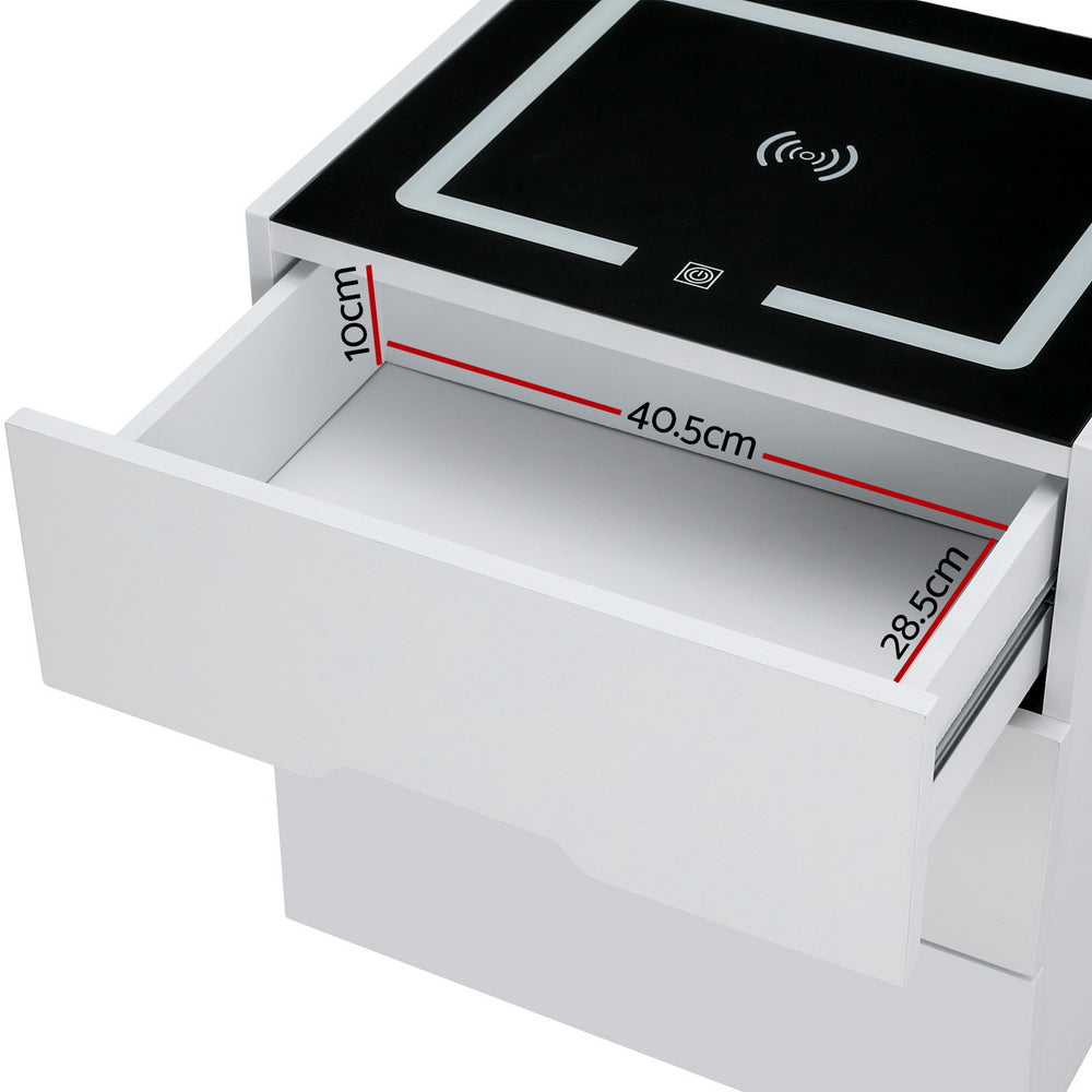 Smart Bedside Table | 3 Drawers | Wireless Charging Ports | LED Light | White | ADAD