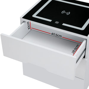 Smart Bedside Table | 3 Drawers | Wireless Charging Ports | LED Light | White | ADAD