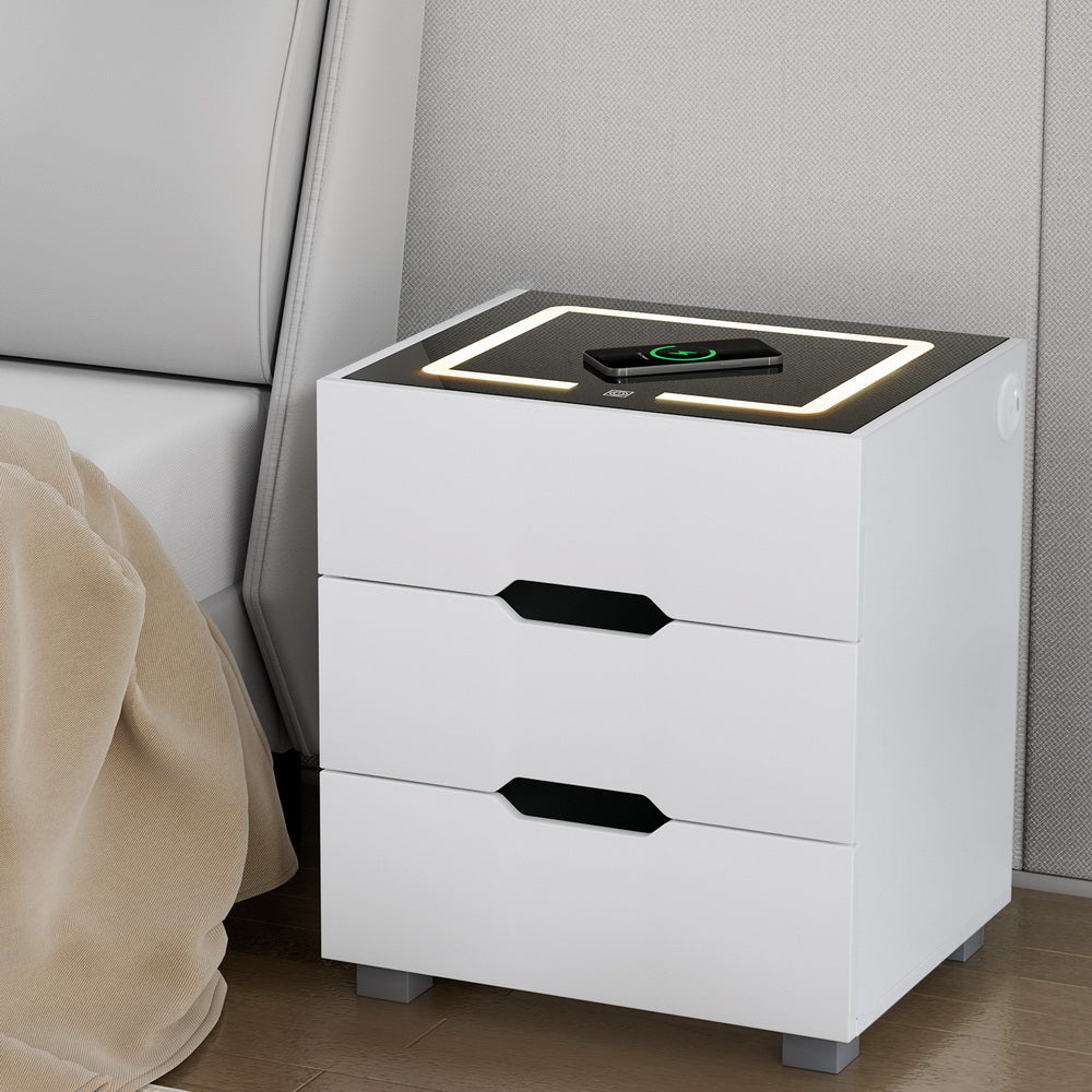 Smart Bedside Table | 3 Drawers | Wireless Charging Ports | LED Light | White | ADAD