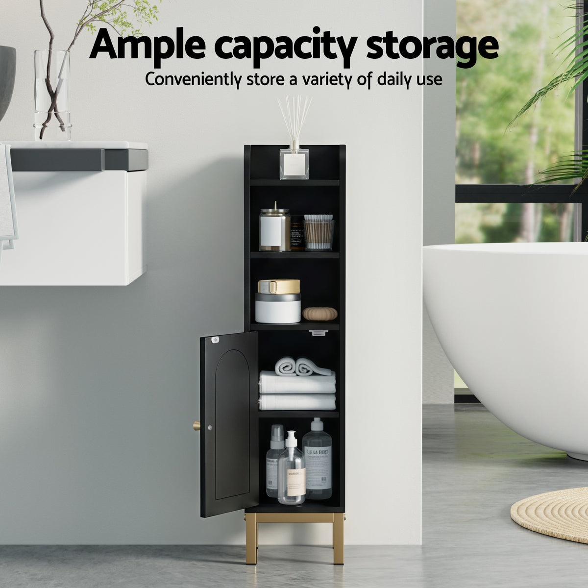 Bathroom Storage Cabinet | Floor Organiser | Toilet Corner | Adjustable | Black