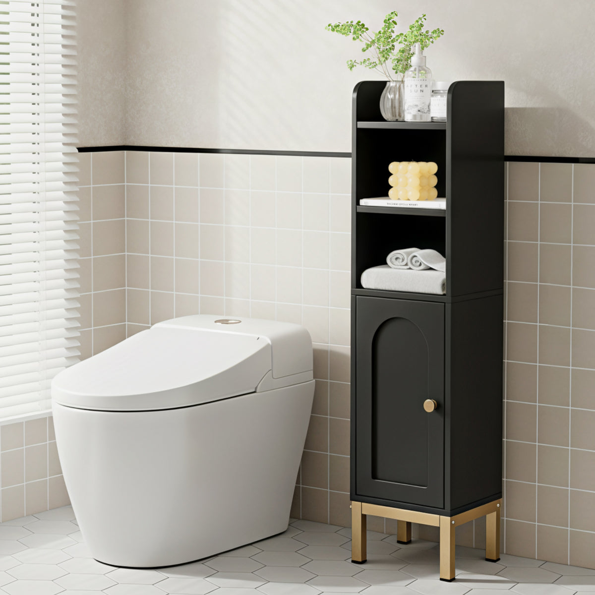 Bathroom Storage Cabinet | Floor Organiser | Toilet Corner | Adjustable | Black