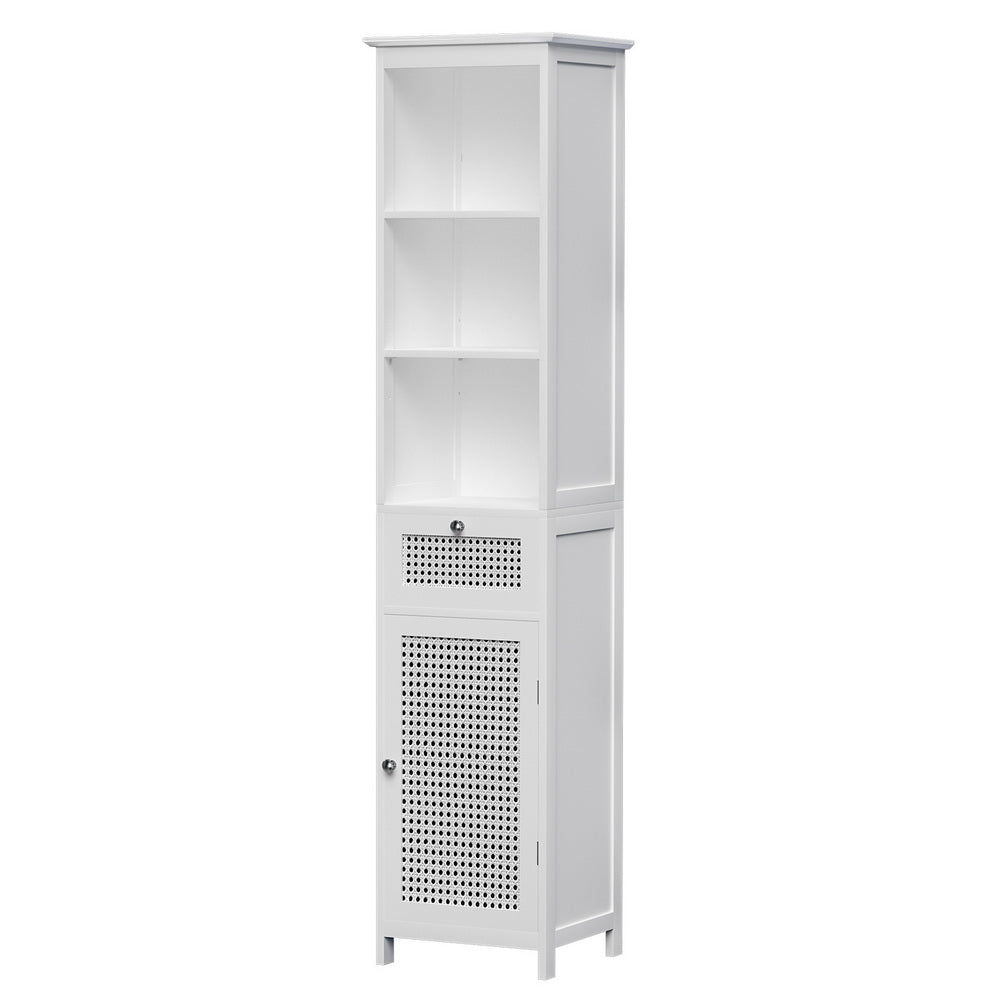 Bathroom Cabinet | Storage | 161cm | White Rattan | Tallboy Toilet Cupboard
