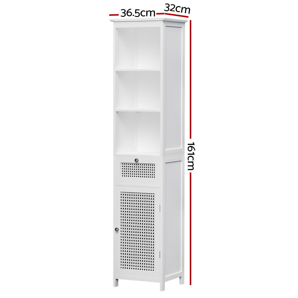 Bathroom Cabinet | Storage | 161cm | White Rattan | Tallboy Toilet Cupboard