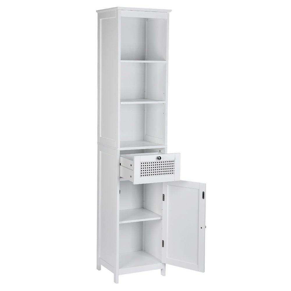 Bathroom Cabinet | Storage | 161cm | White Rattan | Tallboy Toilet Cupboard