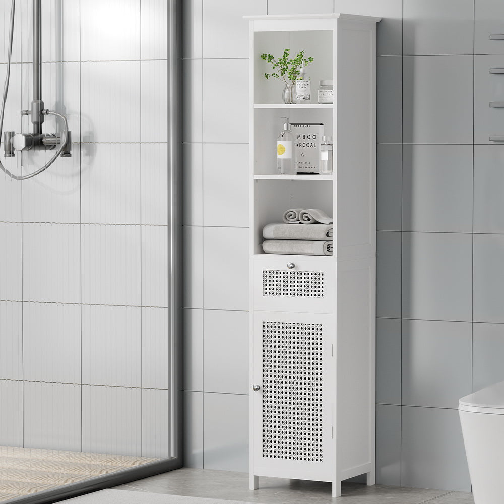 Bathroom Cabinet | Storage | 161cm | White Rattan | Tallboy Toilet Cupboard