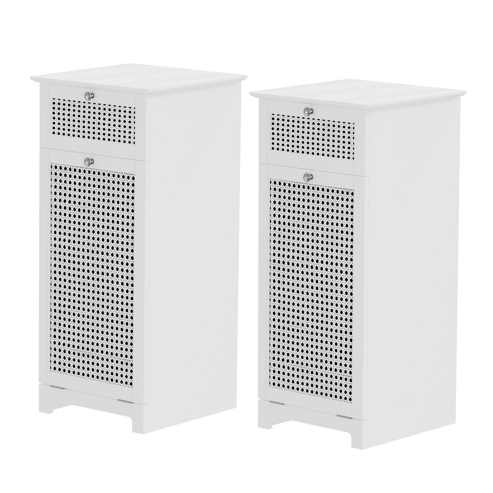Laundry Hamper Cabinets | 2 Pack | Bathroom Storage with Rattan Detail | White