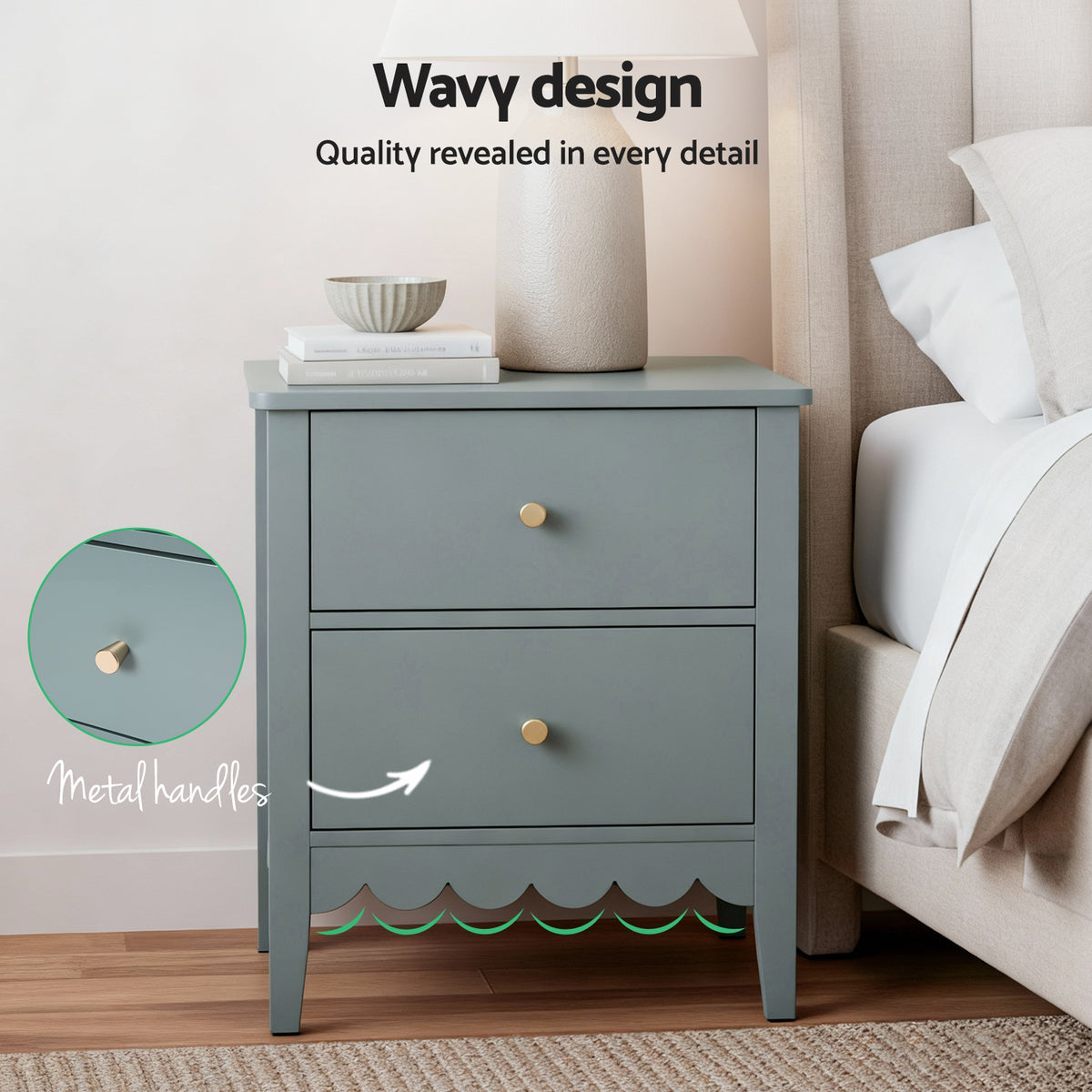 Bedside Table | 2 Drawer Nightstand | Bedroom Storage | Green
