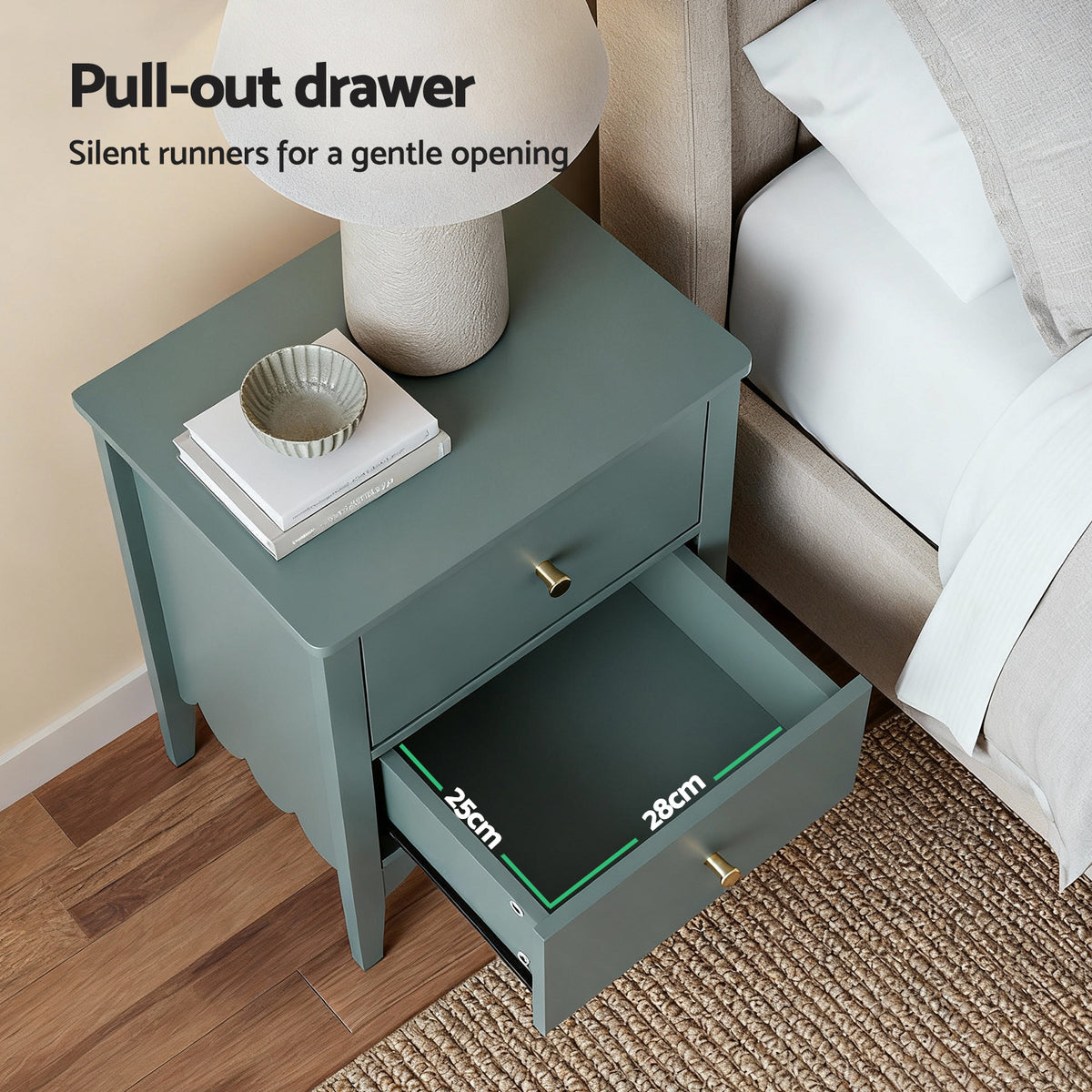 Bedside Table | 2 Drawer Nightstand | Bedroom Storage | Green