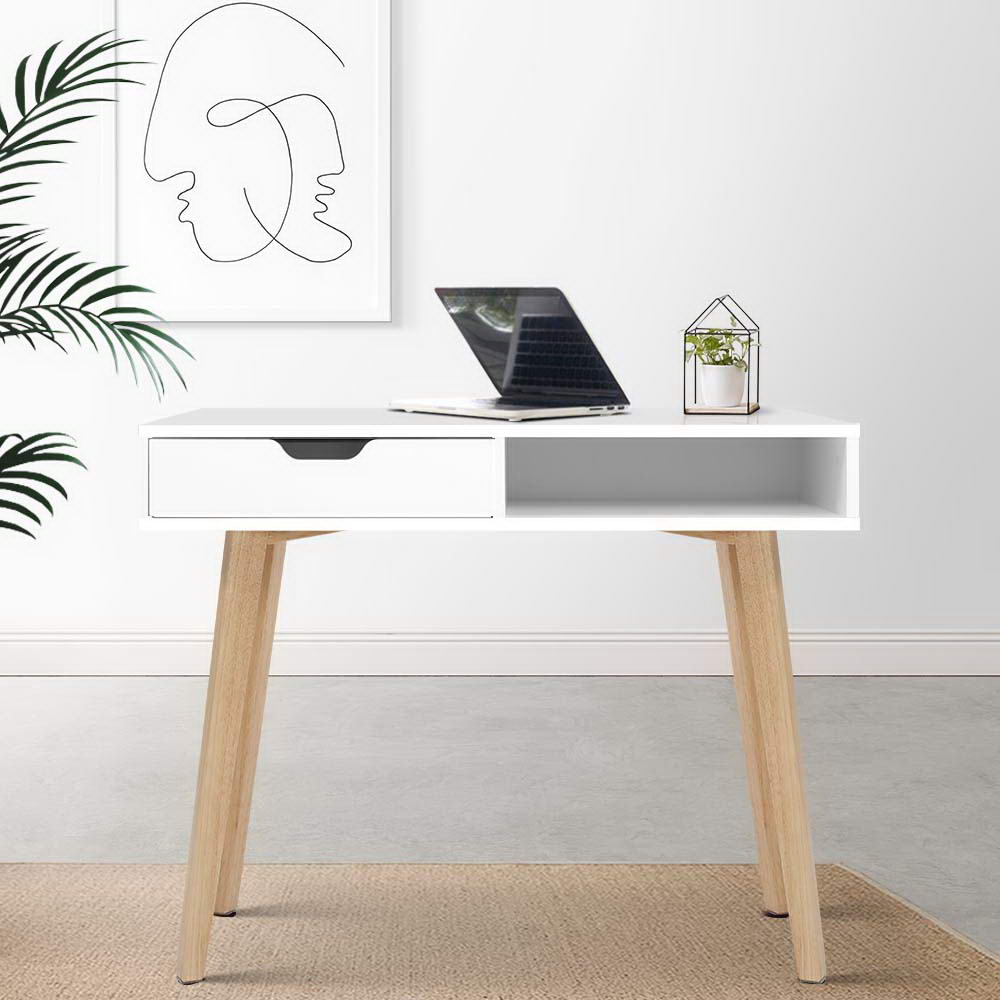 Computer Desk | Drawer Cabinet | Shelf White | 90CM