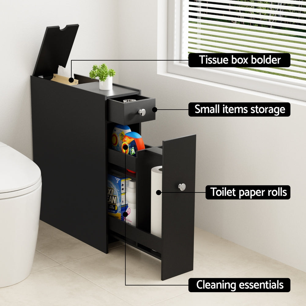 Bathroom Storage Cabinet | Toilet Slim Tissue Box Caddy Holder | Wooden | Black