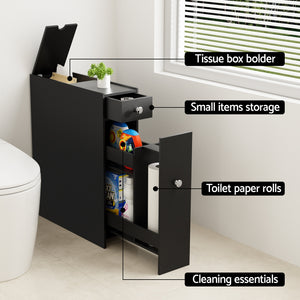 Bathroom Storage Cabinet | Toilet Slim Tissue Box Caddy Holder | Wooden | Black