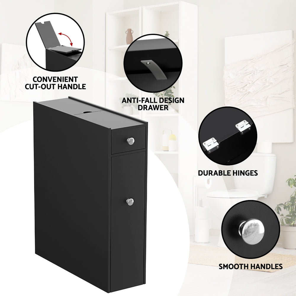 Bathroom Storage Cabinet | Toilet Slim Tissue Box Caddy Holder | Wooden | Black