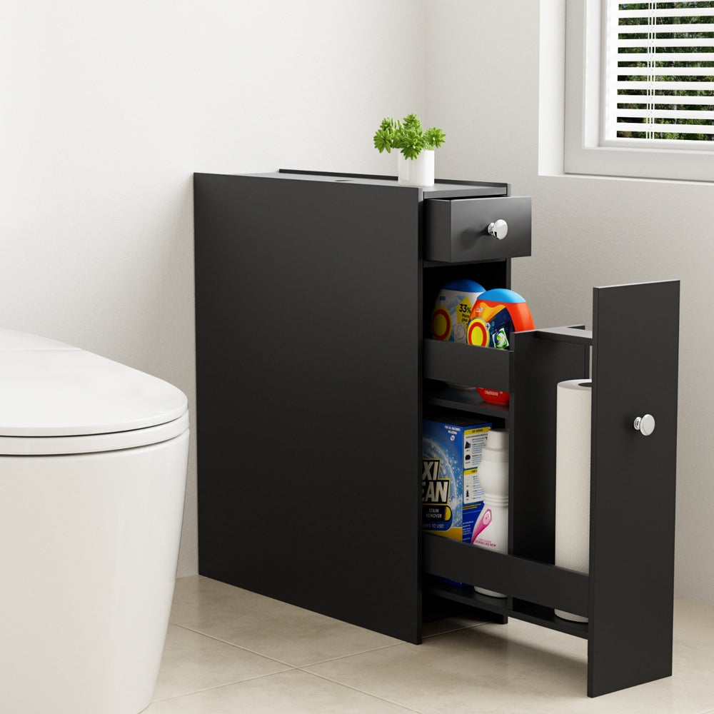 Bathroom Storage Cabinet | Toilet Slim Tissue Box Caddy Holder | Wooden | Black